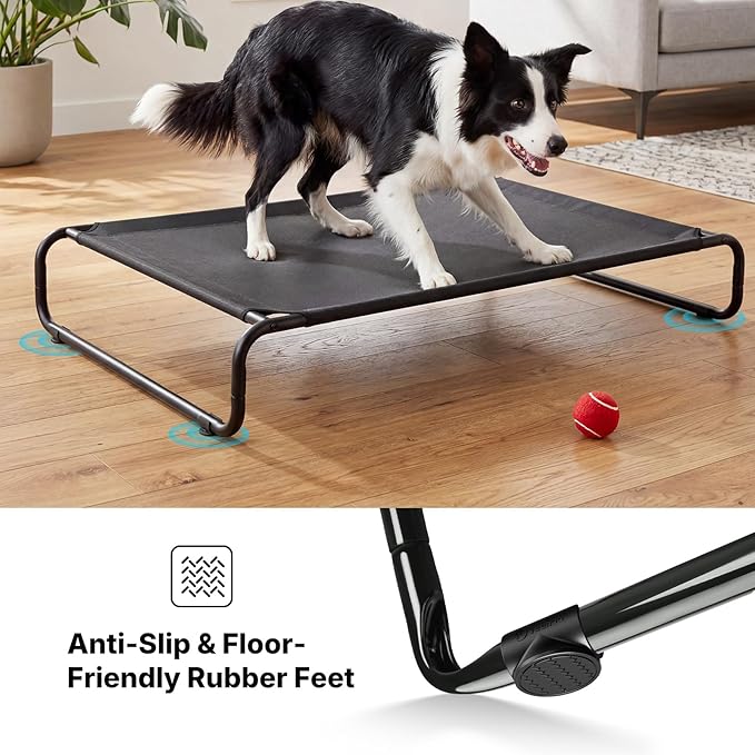Veehoo Cooling Elevated Dog Bed, Outdoor Dog Bed for Large Dogs, Raised Dog Cot with Thickened Frame, Durable Teslin Mesh & Anti-Slip Rubber Feet, Pet Hammock for Indoor or Camping, 53" x 33", Black