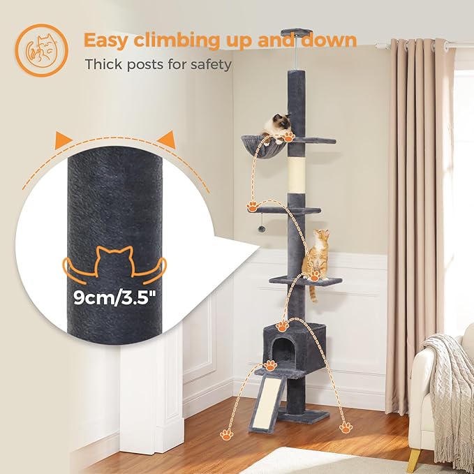 PETEPELA Floor to Ceiling Cat Tree, Cat Tower 5 Tiers Tall (83-108 Inches) Adjustable Height, Cat Climbing Tree Featuring with Condo, Scratching Post and Perches for Indoor Cats, Daek Grey