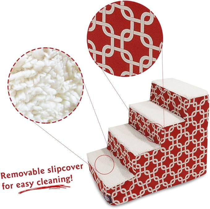 Majestic Pet 4 Step Portable Dog Stairs for Small Dogs to get on Bed Supports 25 lbs or Less – Dog Steps for High Bed with Machine Washable Cover – Pet Stairs for Cats Links Red
