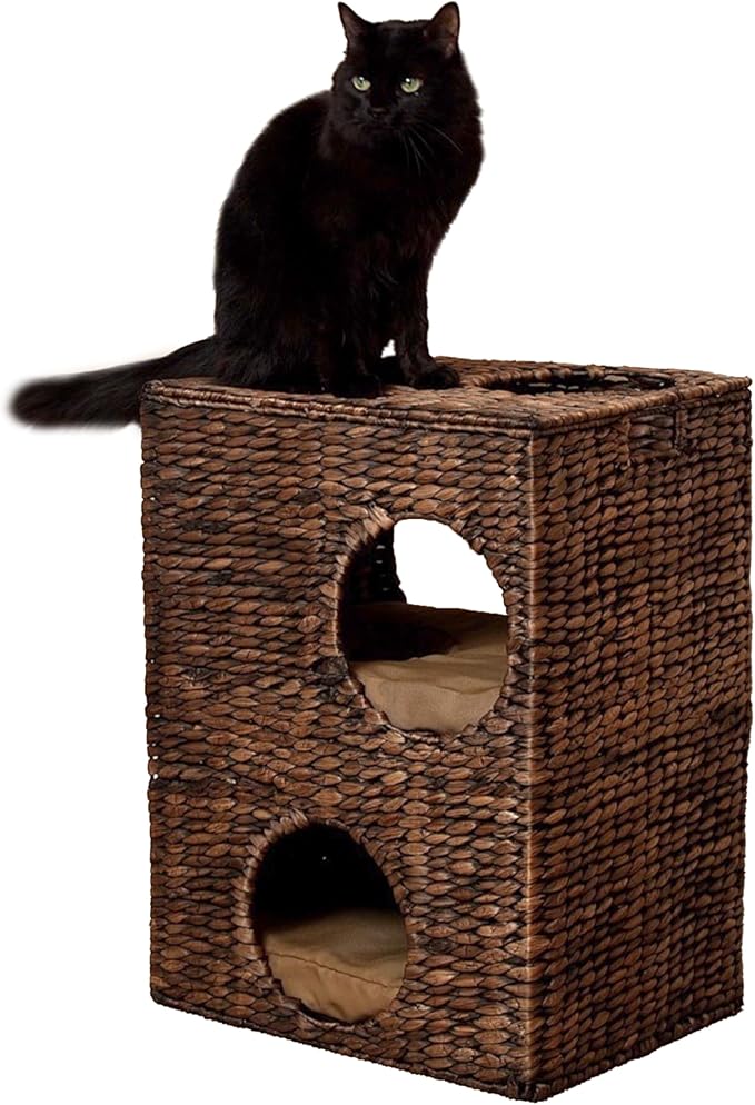 CHS1000B Jaxon 18" Modern Classic 2-Tier Handwoven Hyacinth Rectangular 5-Hole Cat Condo with 2 Machine-Washable Cushions, Brown
