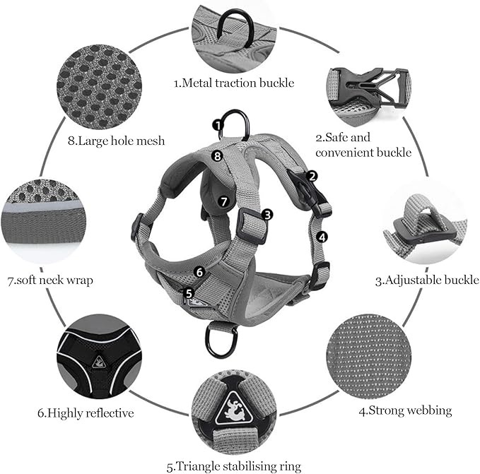 Wanheart cat Chest Harness and Leash, Anti-Escape Adjustable Soft mesh cat Leash and Chest Harness Set for All Types of Cats cat Vests (Grey, 11.02-16.5lb)