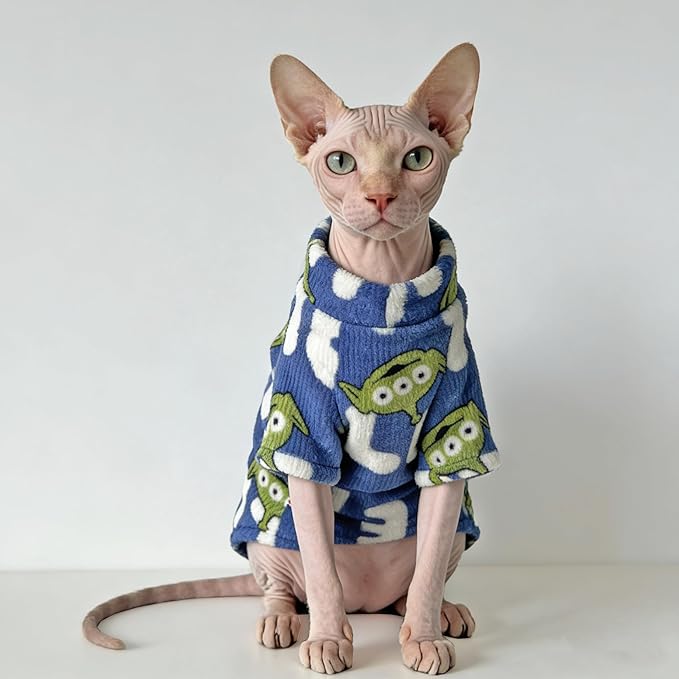 Sphynx Cat Clothes Sweaters for Cats Only, Warm Sphynx Hairless Cat Clothes Shirt,Sphinx Kitten Winter Coat Pet Outfits Costume for Cornish Rex, Devon Rex, Alien Pattern Royal Blue,M