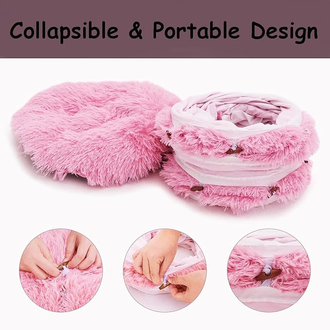 Cat Bed Tunnel Tube Toy Pink Plush Round, Collapsible Pet Tunnels for Indoor Cats, Interactive Toys Play Tubes with Hanging Ball for Kitty, Puppy, Rabbit for Fun Playtime & Exercise