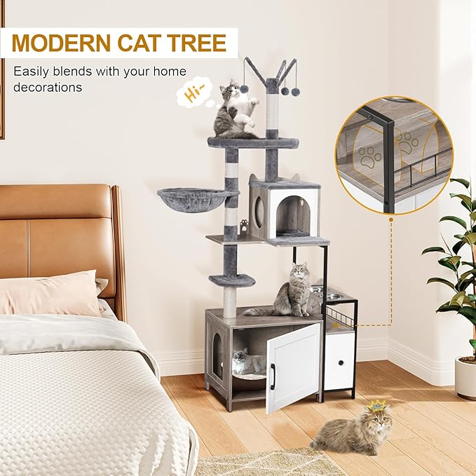 Snughome Cat Tree with Litter Box Enclosure, 3-in-1 Modern Cat Tower for Indoor Cats, 67.32’’ Hidden Cat Litter Box Furniture with Cat Condo, Food Station and Hammocks, All-in-one Cat Furniture