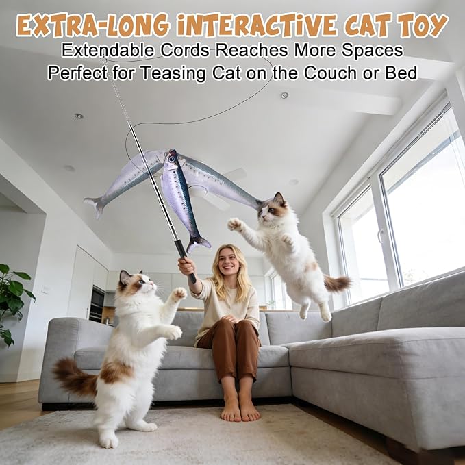 BABORUI Cat Toys Interactive, Mini Realistic Electric Floppy Fish Cat Toy, Cats Fishing Pole Toy with Elastic String for Bored Indoor Adult Cats