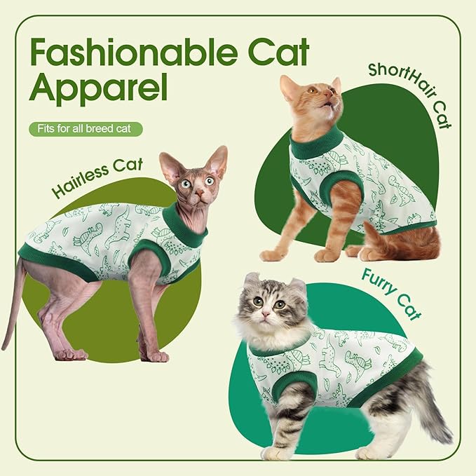 XX-Large Sphynx Hairless Cat Clothes with Dinosaur Print, Pullover Kitten T-Shirts Vest, Sleeveless Bodysuit Cat Pajamas Jumpsuit, Breathable Daily Wear Clothes for Cats