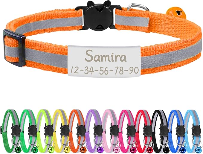 CAMAL Reflective Cat Collar Personalized with Pet ID Tag, Safety Breakaway Cat Collar with Name Tag, Orange Kitten Collar with Bell for Boy Girl Cats Puppies