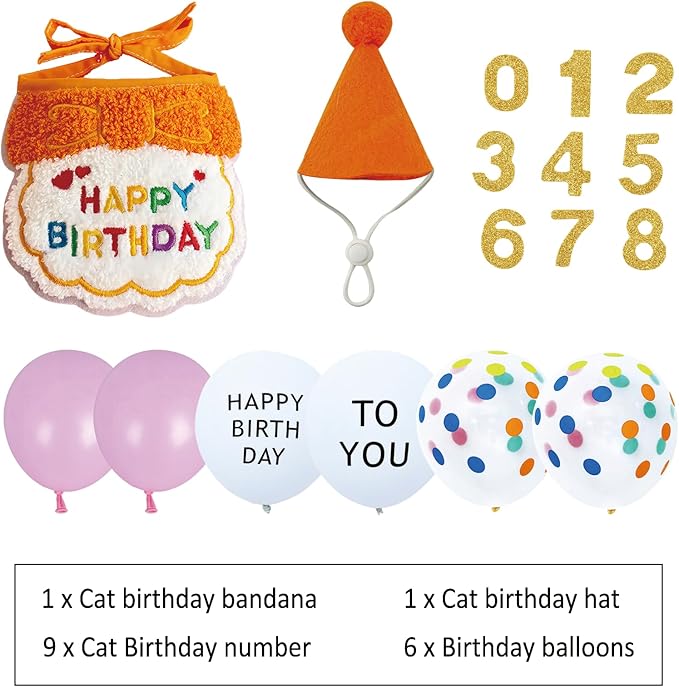 Reusable Cat Birthday Decorations Set - Adjustable Cat Birthday Hat & Bandana with Age Numbers | Kitty Celebration Kit for Memorable Milestones（Orange）