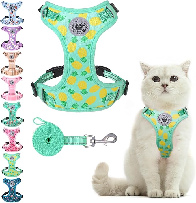 BEAUTYZOO Cat Harness and Leash Set Escape Proof, Medium Cat Vest Harness for Walking, Adjustable Step in Kitten Harnesses for Travel, Soft Lightweight Outdoor Cute Kitten Harnesses, Pineapple M