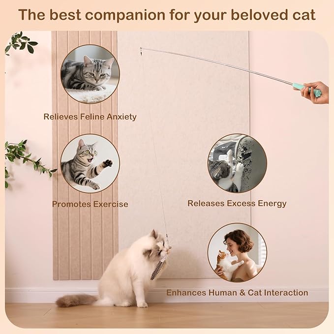 Cat Wand Toy – Retractable Wand with 4 Feather Toy Refills for Indoor Cats Enrichment, Interactive Cat Toy for Bored Adult Cats and High-Energy Kittens (HuntMaster)