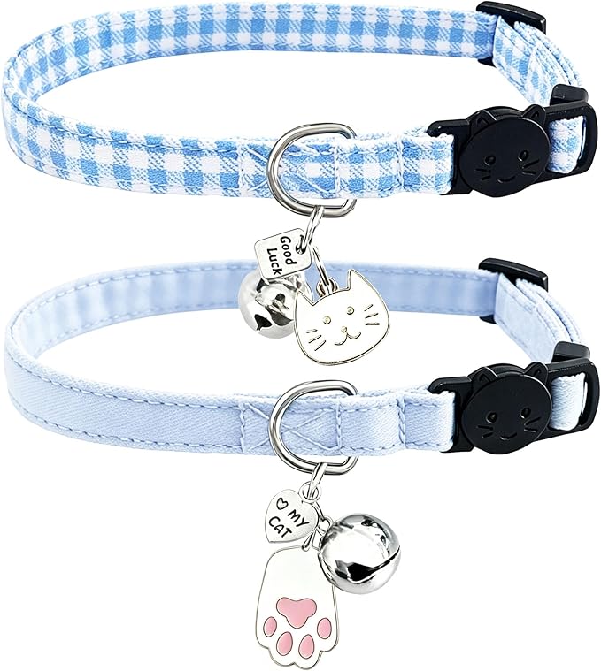 2 Pack Cotton Breakaway Cat Collars with Bell and Charms Blue Solid Plaid Safety Collars for Girl Boy Cats, Cat Head and Paw Pendant Cute Kitten Collars