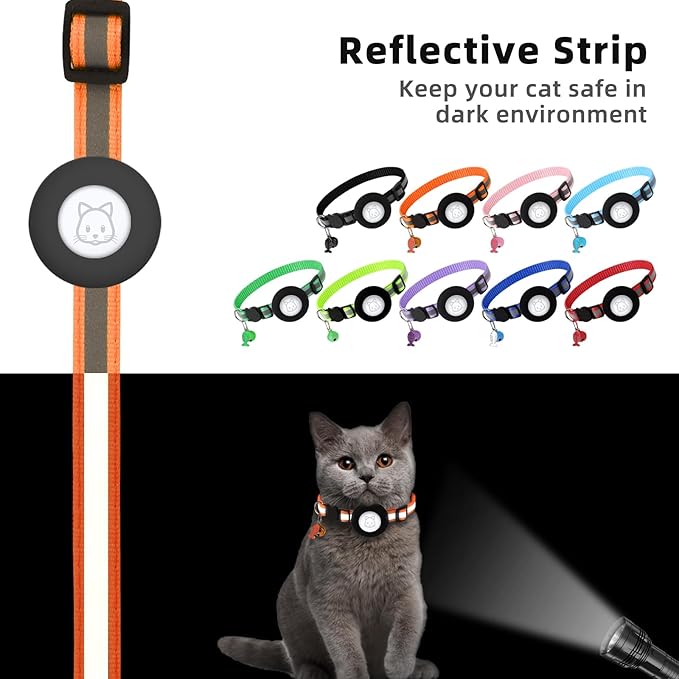 Airtag Cat Collar, Air tag Cat Collar with Bell and Safety Buckle in 3/8" Width, Reflective Collar with Waterproof Airtag Holder Compatible with Apple Airtag for Cat Dog Kitten Puppy (Orange)