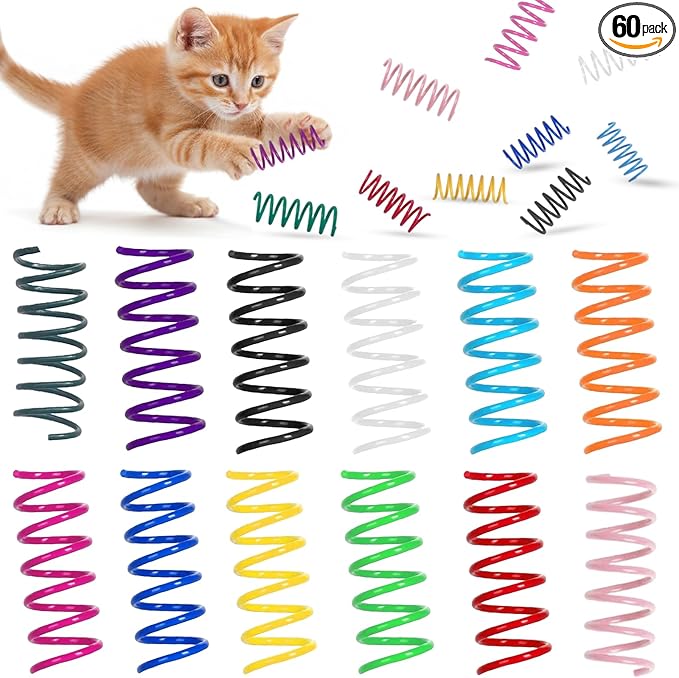 60 Pack Cat Spring Toys, 12 Vibrant Colors Interactive Cat Toys for Indoor Cats and Kittens, Colorful Plastic Springs for Cats - Durable Spiral Cat Toy for Batting, Biting, and Chasing