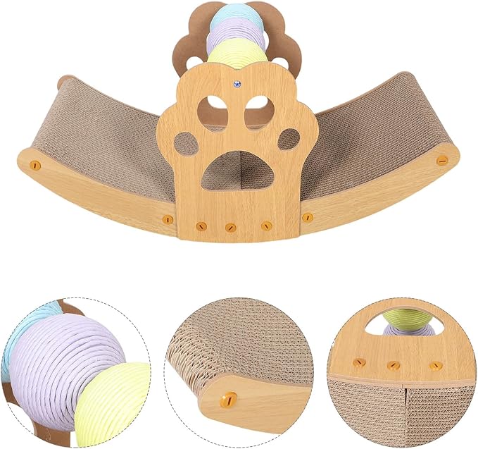 Kisangel Rocking Cat Scratching Lounger Bed with Colorful Balls Scratch-Resistant Cardboard Pad for Indoor Cats and Resting Furniture
