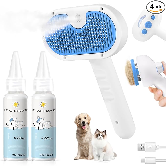 Pet Steam Brush for Dog & Cat - 3-in-1 Steam Grooming Brush for Shedding & Hair Removal - Pet comb leave-in serum with Mist for Long Haired Pets - Includes 2*Waterless Shampoo, Blue