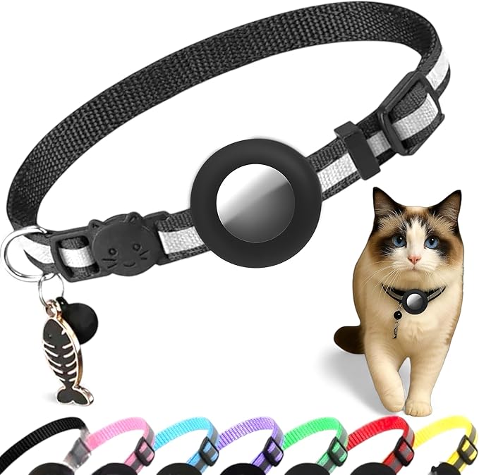 AirTag Cat Collar Breakaway with Apple Air Tag Holder & Bell - Reflective Adjustable Kitten Collar, Lightweight Nylon Safety Release Buckle for Boy Girl Cats, Indoor Outdoor (Fits 8-11 in)