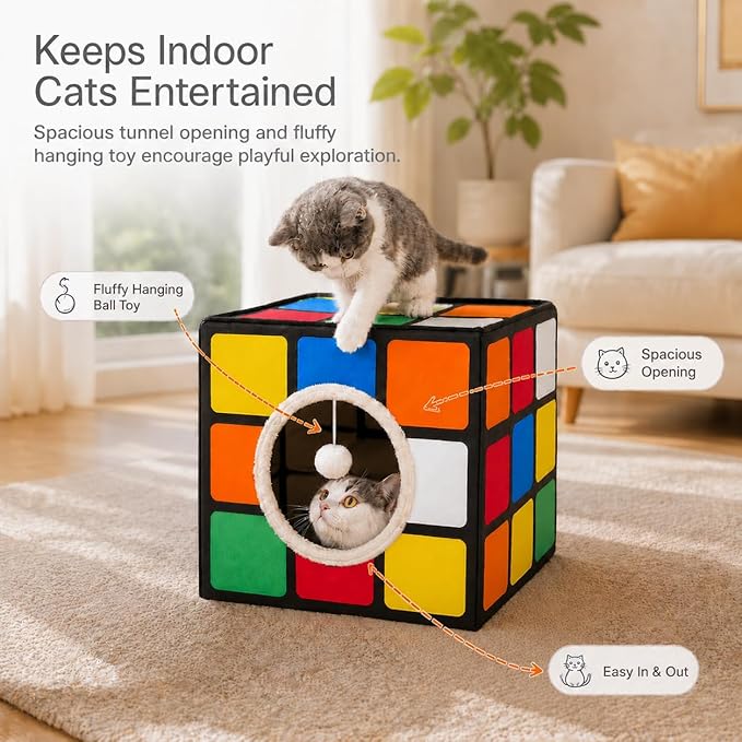 Cat Condo House with Reversible Cushions and Fluffy Ball Hanging, Foldable Magic Cube, Large Cave Bed for Indoor Cats, Unique Puzzle Shape Lagre 16.5“ x 16.5" x 16.5”