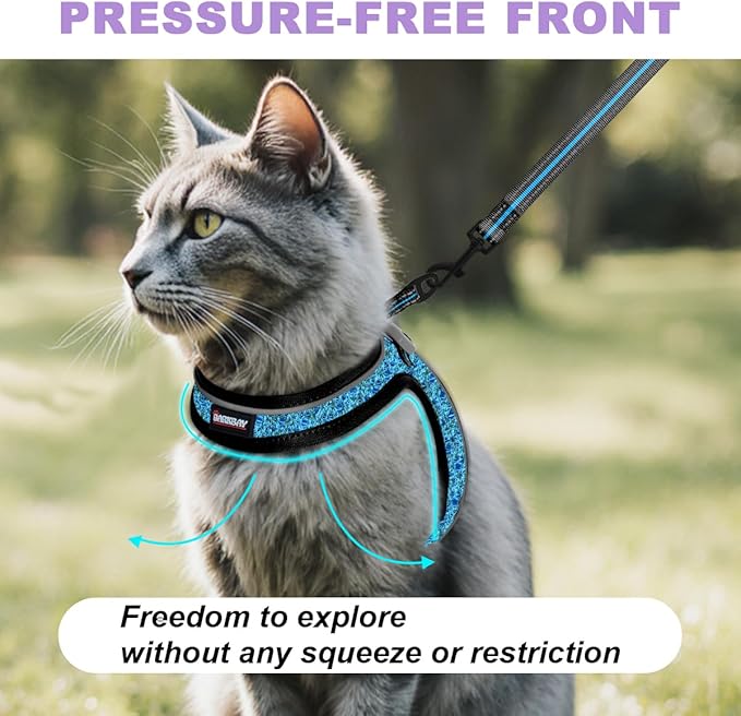 Cat Harness and Leash Set,Escape Proof Kitten Harness,Step in Adjustable Soft Lightweight,Easy Control,Reflective Strips Comfortable for Walking Travel(Blue/Black,XS)