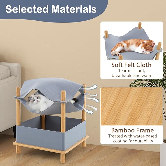 Tangkula Elevated Cat Hammock Bed, 2-Tier Bamboo Pet Bunk Beds for Indoor Cats, Modern Raised Hanging Bed with Semi-Enclosed Condo, Removable & Washable Felt Fabric, Extra Storage Space (Gray)