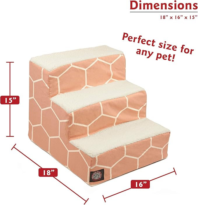 Majestic Pet 3 Step Portable Dog Stairs for Small Dogs to get on Bed Supports 25 lbs or Less – Dog Steps for High Bed with Machine Washable Cover – Pet Stairs for Cats Hexo Shapes Blush Pink