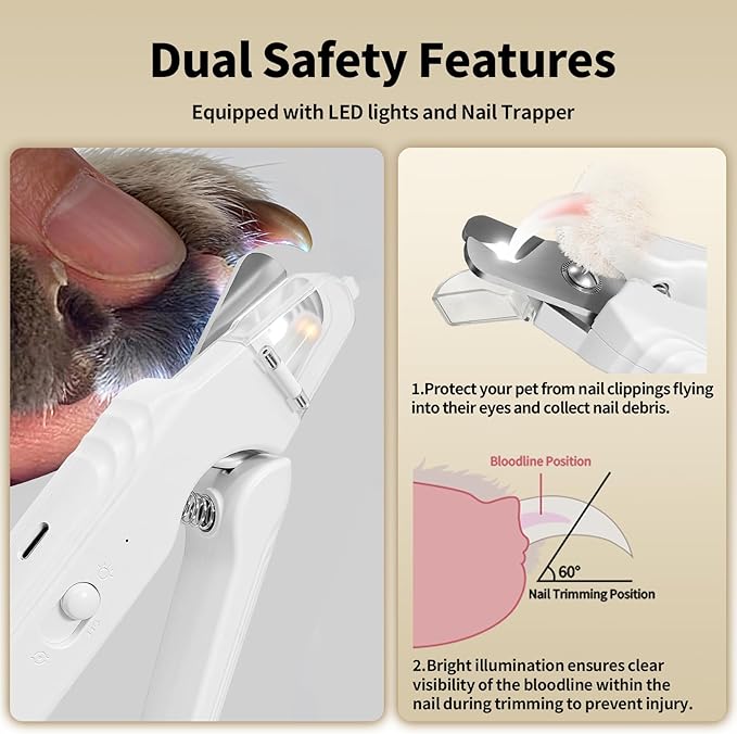 2-in-1 Dog & Cat Nail Clippers and Grinder with Light, Safety Guard, Painless Quiet Pet Nail Claw Trimmers, USB Rechargeable Pet Nail Trimmer, for Large Medium Small Dogs Cats Claw Trimmer, White