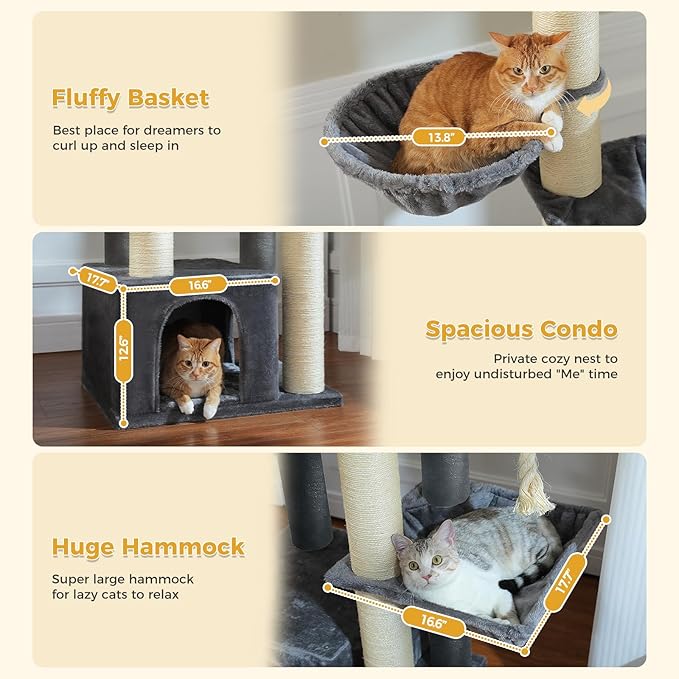 67" Heavy Duty Cat Tree for Indoor Cats Large Adult, XXL Cat Tower with 8 Thick Scratching Posts (φ4.3), Large Perch, Spacious Condo & Big Hammock - for Maine Coon up to 20 lbs, Grey