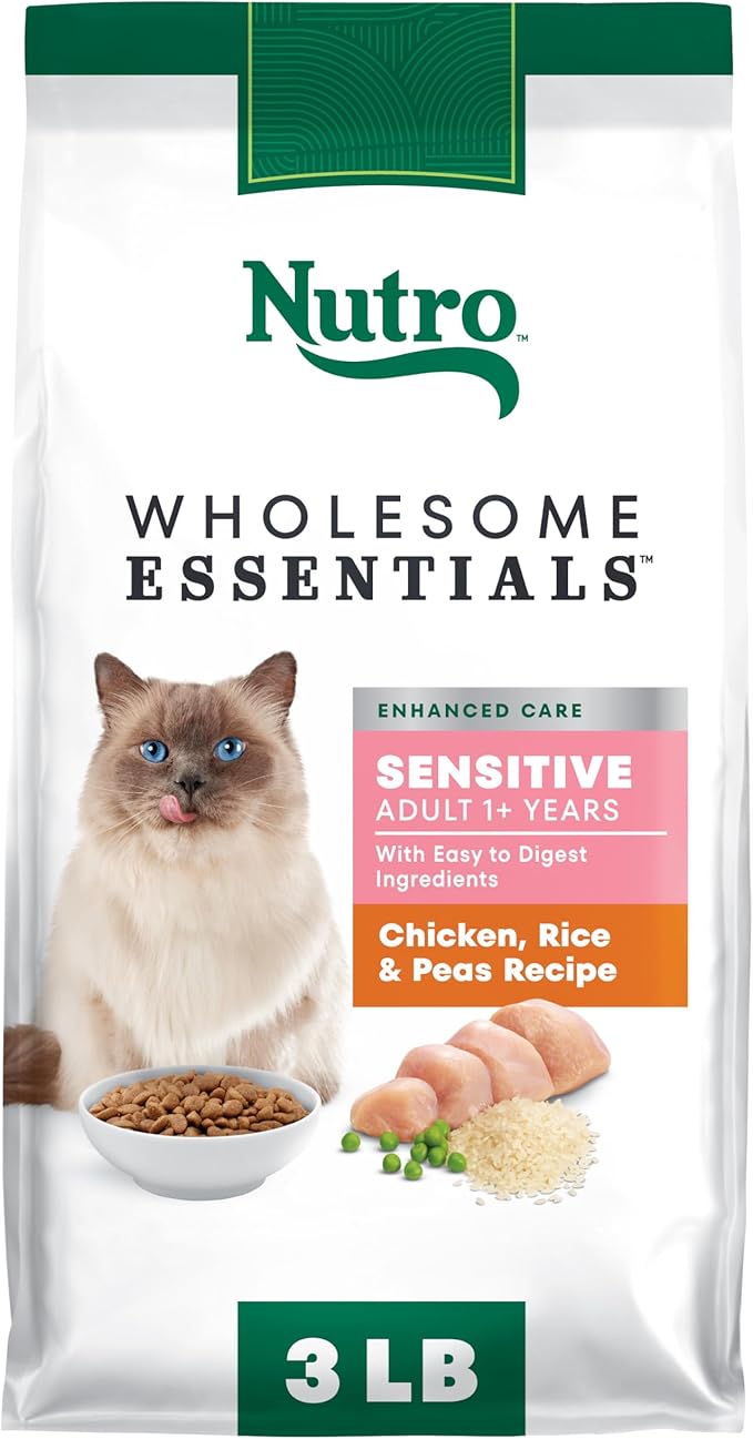 Nutro Wholesome Essentials Natural Dry Cat Food Sensitive Stomach, Chicken, Rice & Peas Recipe Cat Kibble, 3 lb. Bag