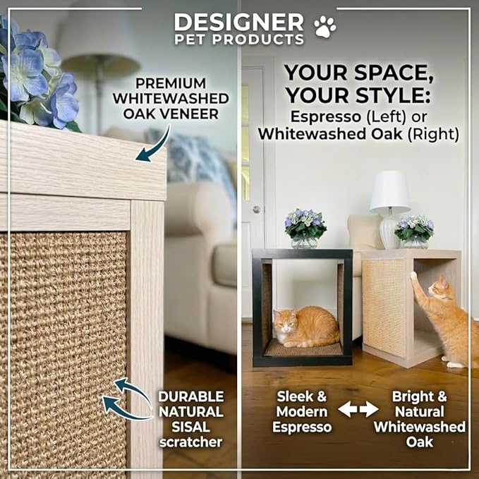 Designer Pet Products 2-in-1 Cat Scratcher End Table – Modern Wood Side Table with Customizable Sisal Scratching Pad – Versatile Furniture for Cats and Home Decor