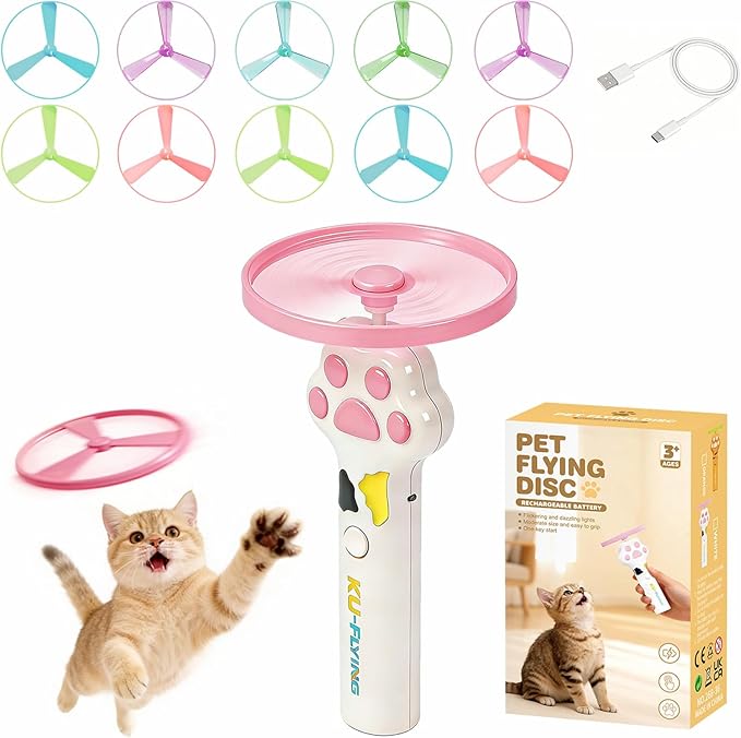 Cat Fetch Toy Launcher with 10 Soft & Flexible Discs, Cat Toys for Indoor Cats, LED Glowing Launcher, Electric Interactive Kitten Toy for Hunting & Exercise, USB Rechargeable