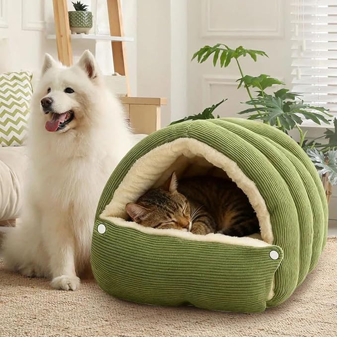 Removable and Washable Winter Closed-Off Cat Bed, Cutypet Winter Cave, Warm Foldable Secure Pet Nest for Indoor Cats & Small Dogs, Comfor Plush Snuggle Hut for Kitty, Puppy, Pets (Corduroy-Green,L)