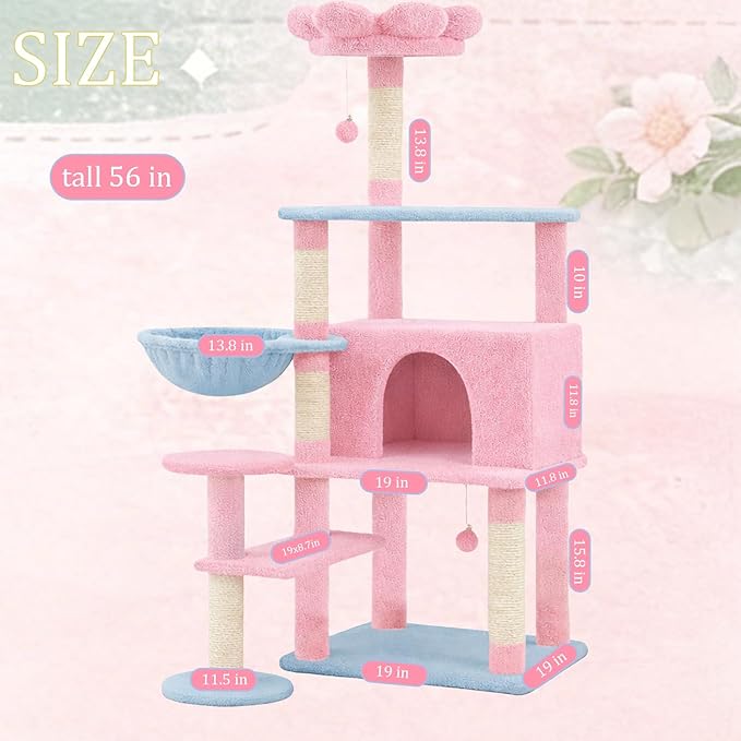 Flower Cat Tree 56 Inches，Large Cat Tower with Detachable Flower Cushions and Hiding Condo, Pink Cat Tree with Hammock Bed, Interactive Toys and Scratching Posts for Indoor Cats