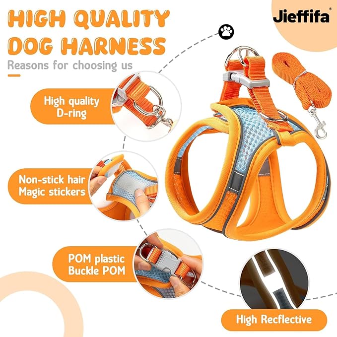 Cat Harness and Leash Set - Adjustable Soft Vest, Reflective Step-in Design for Safe Walking (XXS, Orange/Blue)
