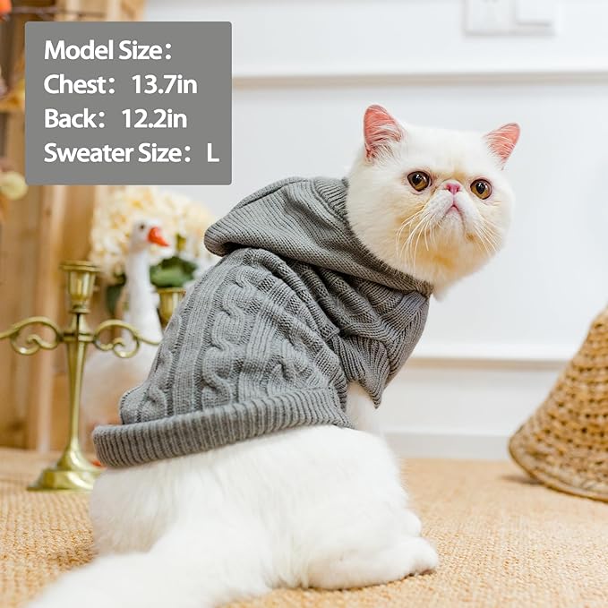 PUPTECK Winter Dog Cat Sweater - Cold Weather Clothes for Kitties & Small Dogs Indoor Outdoor Walking Warm (Grey, M: Chest Girth 13.8”, Back Length 14”)
