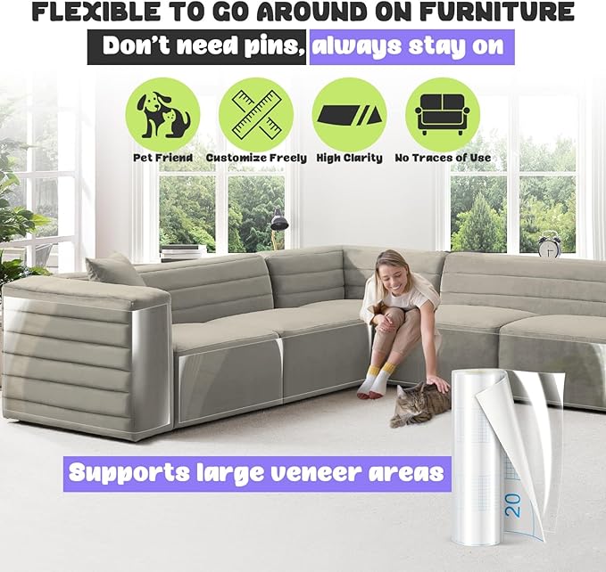 JINVOGREEN Cat Scratch Furniture Protector, 196.8" x 11.8" Couch Protector from Cat Claws, Thickened Transparent Self-Adhesive Furniture Protectors for Couch Protection from Cat Scratching