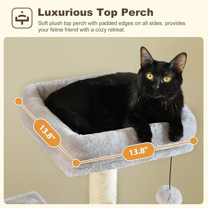 MUTTROS 62" Cat Tree for Indoor Cats, Multi-Level Cat Tower for Large Cats with Scratching Posts, 2 Spacious Plush Condos, Padded Perch, Soft Cat Bed, Scratching Pad & 2 Pompoms, Gray