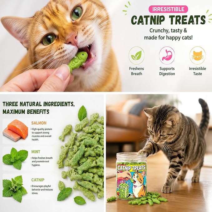 Catnip Cat Treats - Mint Flavor Crunchy Biscuits for Dental Health, Made with Real Fish in a 6oz Resealable Jar