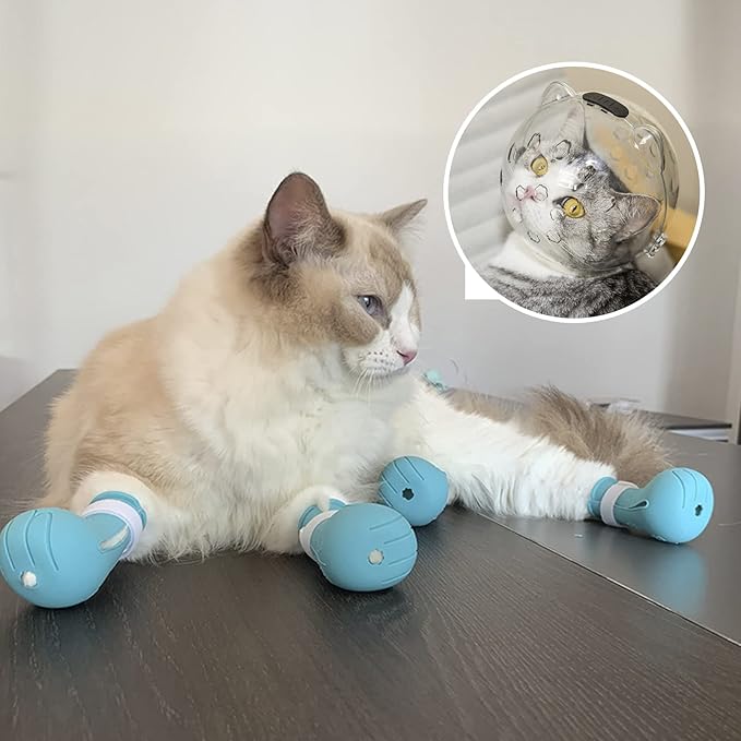 Cat Muzzle for Grooming with Silicone Claw Cover, Adjustable Cat Hood Mask for Bathing Shaving Pet Tools, Anti Bite Air Bubble Helmet