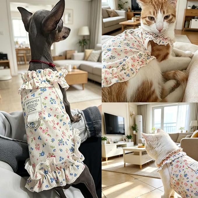 Dog Cat Cooling Summer Dress with D-Ring, Ice Silk Mesh Breathable Pet Clothes, Anti-UV Mosquito Proof, High Elastic Ruffle Dress & Half Belly Cover for Small Dogs Cats(Faint Yellow, X-Large)