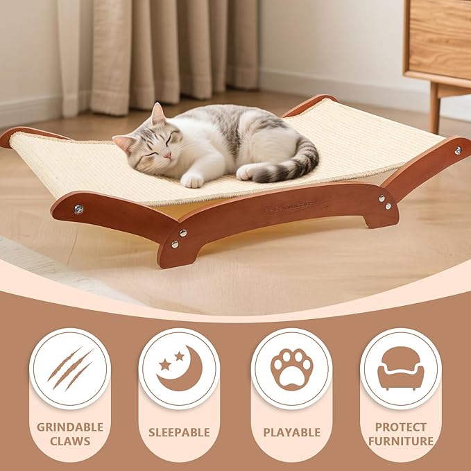 Upgraded Extra-Large Cat Scratcher Bed, Sisal Cat Scratchers Lounger for Indoor Cats Hammock Stand, Durable & Sturdy Scratch Pad Natural Sisal Cats Scratching Post (Cherry Wood)