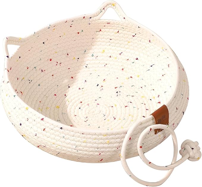 Hand Woven Cat Bed with Toy Tail Natural Cotton Rope Cat Scratch Pad Cozy Cat Scratching Mat with Cat Ball Toy Cat Furniture Protector for Wall, Couch, Carpets, Sofas （White） (White)