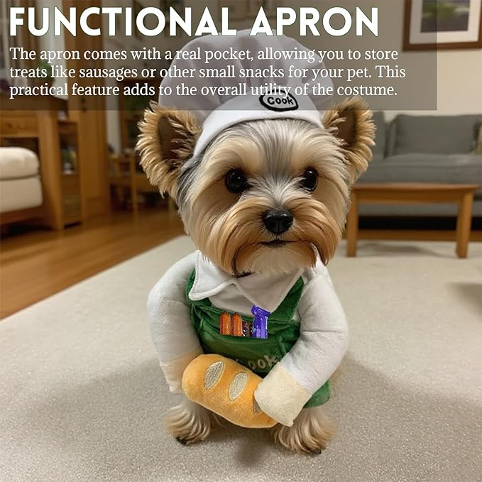 Cat Costume Dog Clothes Chef Hat Apron Outfit with Bread - Photoshoot Pet Outfit for Small to Large Dogs or Cats, for Christmas (Small)
