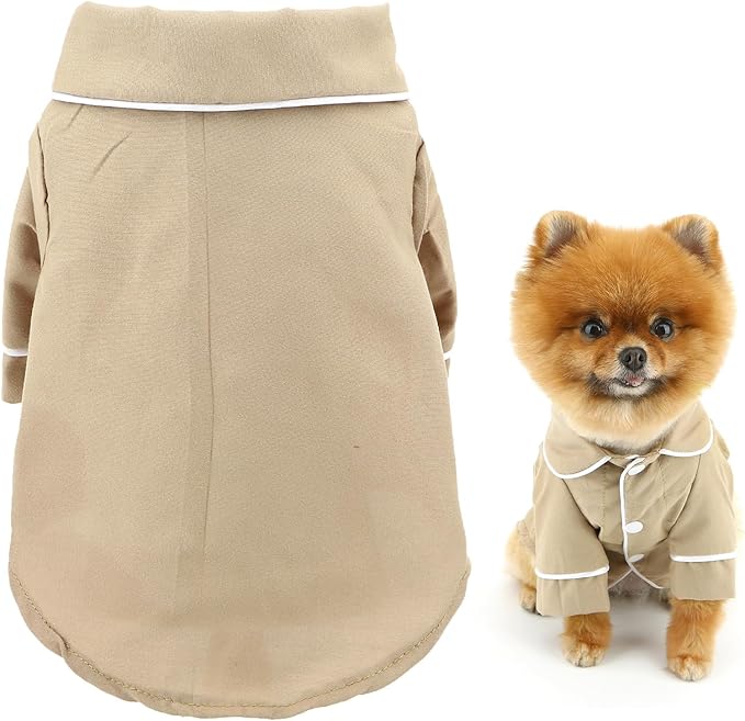 SMALLLEE_LUCKY_STORE Dog Pajamas for Small Medium Dogs Cats Soft Pet Sleepwear Shirts Comfortable Lapel Pjs Loungewear Clothes Bulldog Chihuahua Yorkie Two-Legged Outfit, Khaki, M