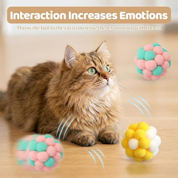 12 Pieces Cat Pom Pom Balls, PVA Polyester Material, Soft Pompoms with Bells, 5cm 6cm Interactive Ball Toy for Cats Kitten Indoor Outdoor Playing Chewing Scratching