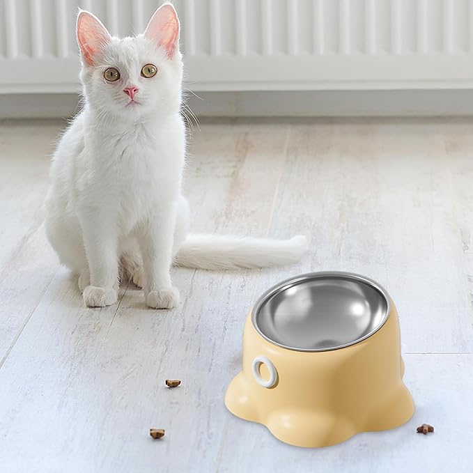 Tilted Cat Feeder Bowl Food Dispenser Living Room Home Travel Indoor Watering Feeding Dish Cat Food Bowl for Pets Small Dogs, Yellow