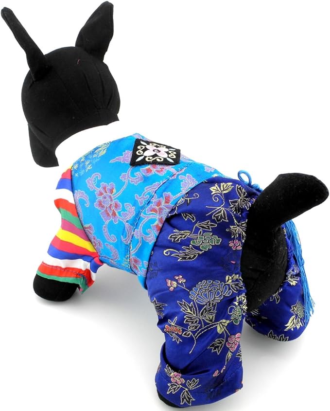 Ethnic Dog Costume Korean Traditional Knot Pendant Norigae Hanbok Embroidery Silk Pet Clothes Outfit Color Dress for Small Puppies Large Cat Apparel Birthday Party Festival Celebration Boy XS