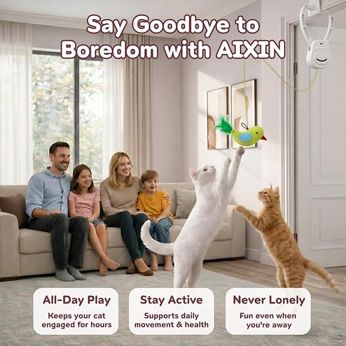 AIXINPET Interactive Cat Toys for Indoor Cats - 2 Motion Modes (360° Spin & Irregular Jumping), with Bird&Mouse attachments, USB Rechargeable Door Hanging Toy - for Kittens Adult Multi-Cats Households