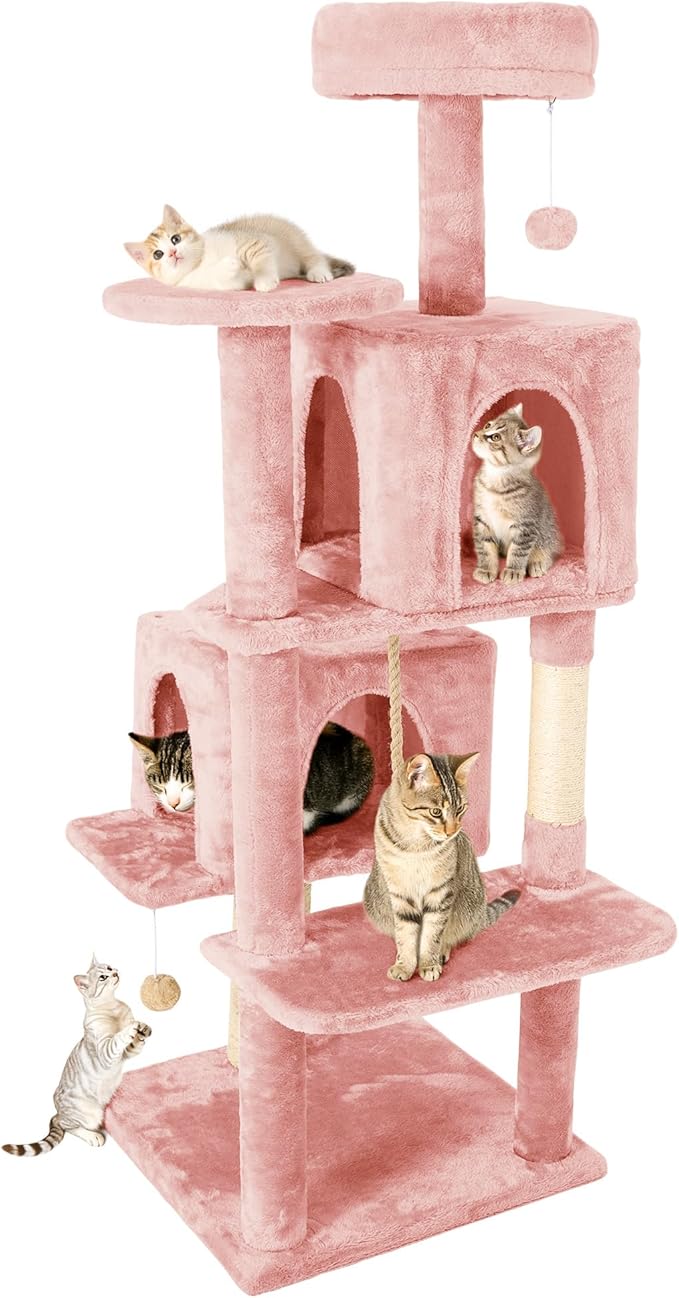 59in Large Cat Tree Tower for Indoor Cats with Soft Plush Hang Ball, Two Condos, Sisal Scratch Posts & Rope Play for Kittens/Adult Cats, Pink