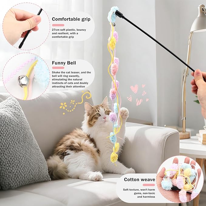 QUOZUO 16Pcs Cat Toy Set Pink Kitten Toys Pack Including Feather Teaser Interactive Wand Cat Springs Mice Crinkle Balls and Pet Bell Balls Toys for Bored Indoor Cats, Gift Box Styles (Pink)
