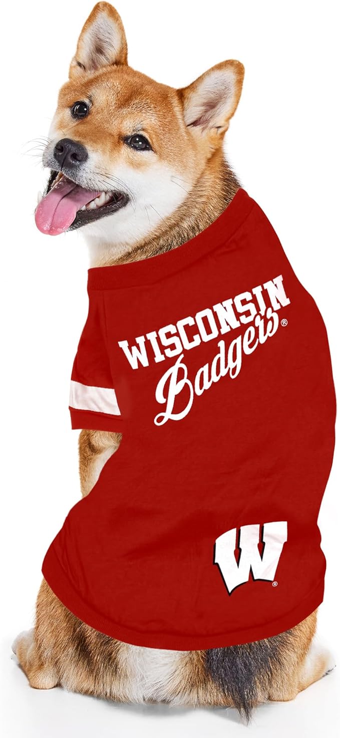 Pets First NCAA Wisconsin Badgers T-Shirt for Dogs & Cats. Size Small. Football/BASKTBALL Dog Shirt for College NCAA Team Fans. NEW & Updated Fashionable Stripe Design