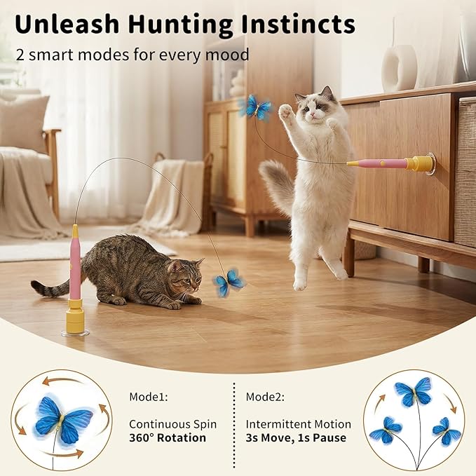 Interactive Cat Toys for Indoor Cats, Automatic Cat Wand Toy Enrichment for Bored Kitten, Spin Butterfly with Self-Holding Suction Base, Rechargeable Electric Moving Feather Stimulating Toy